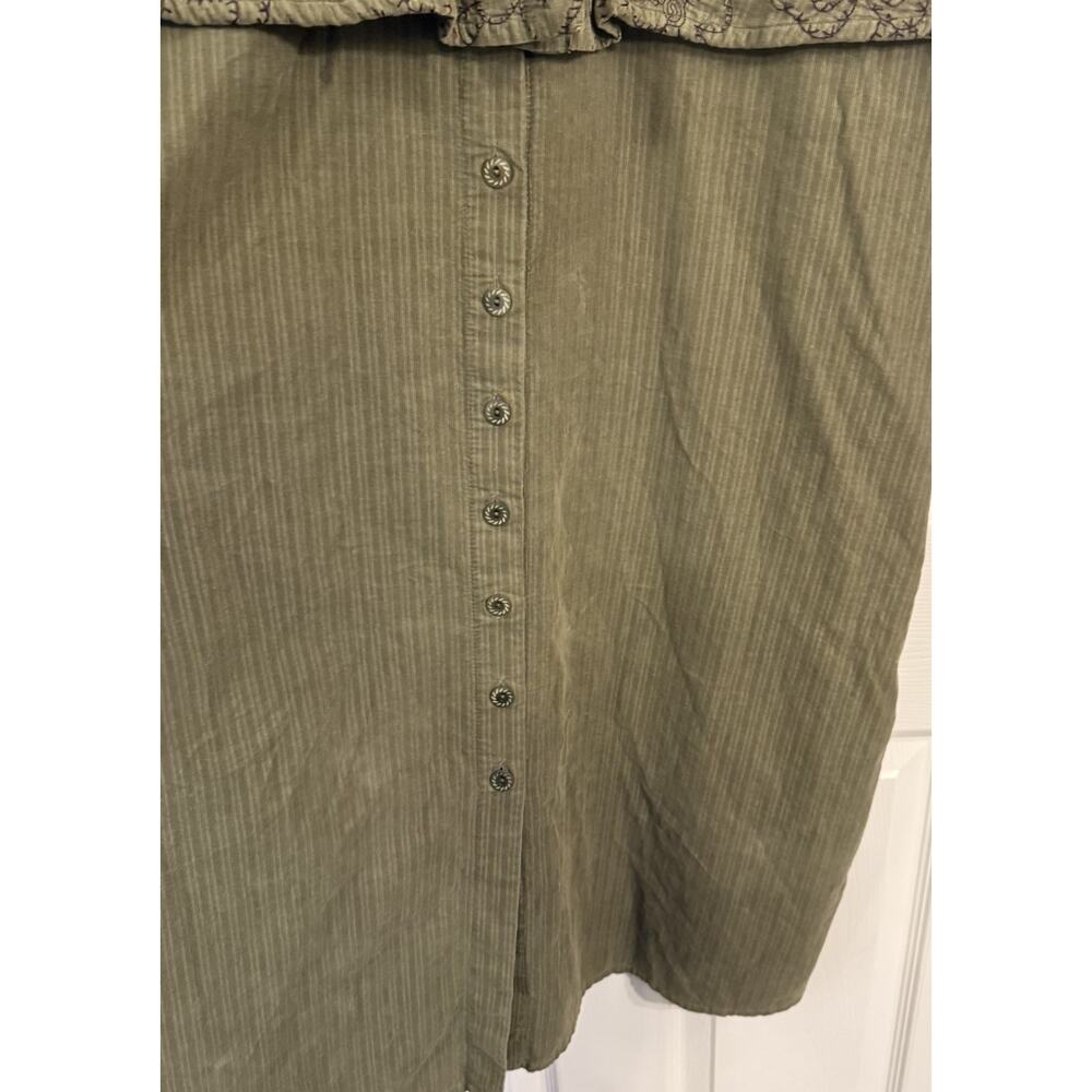 VTG Flax Shirt Dress‎ MED Green Corduroy Floral Embroidery 100% Cotton Lagenlook - Picture 5 of 14